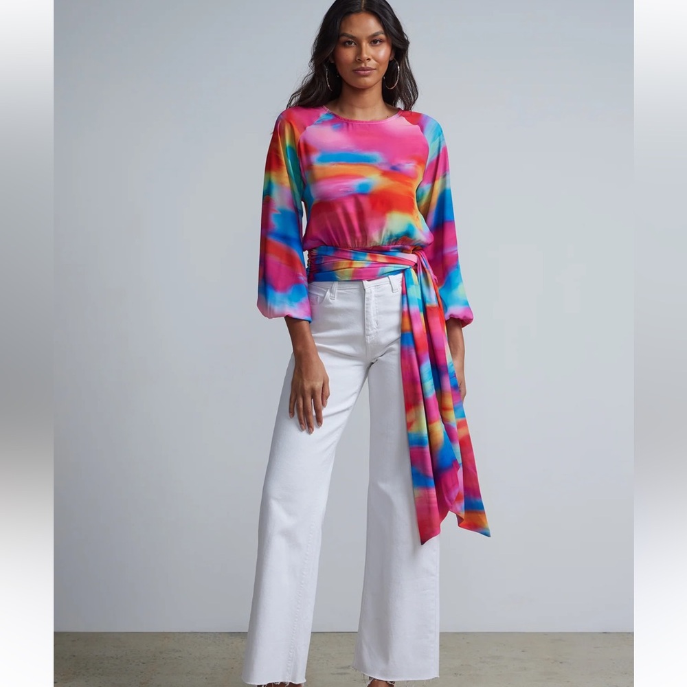 New York & Company Tie-Dye bow waist blouse sz M - Picture 1 of 12